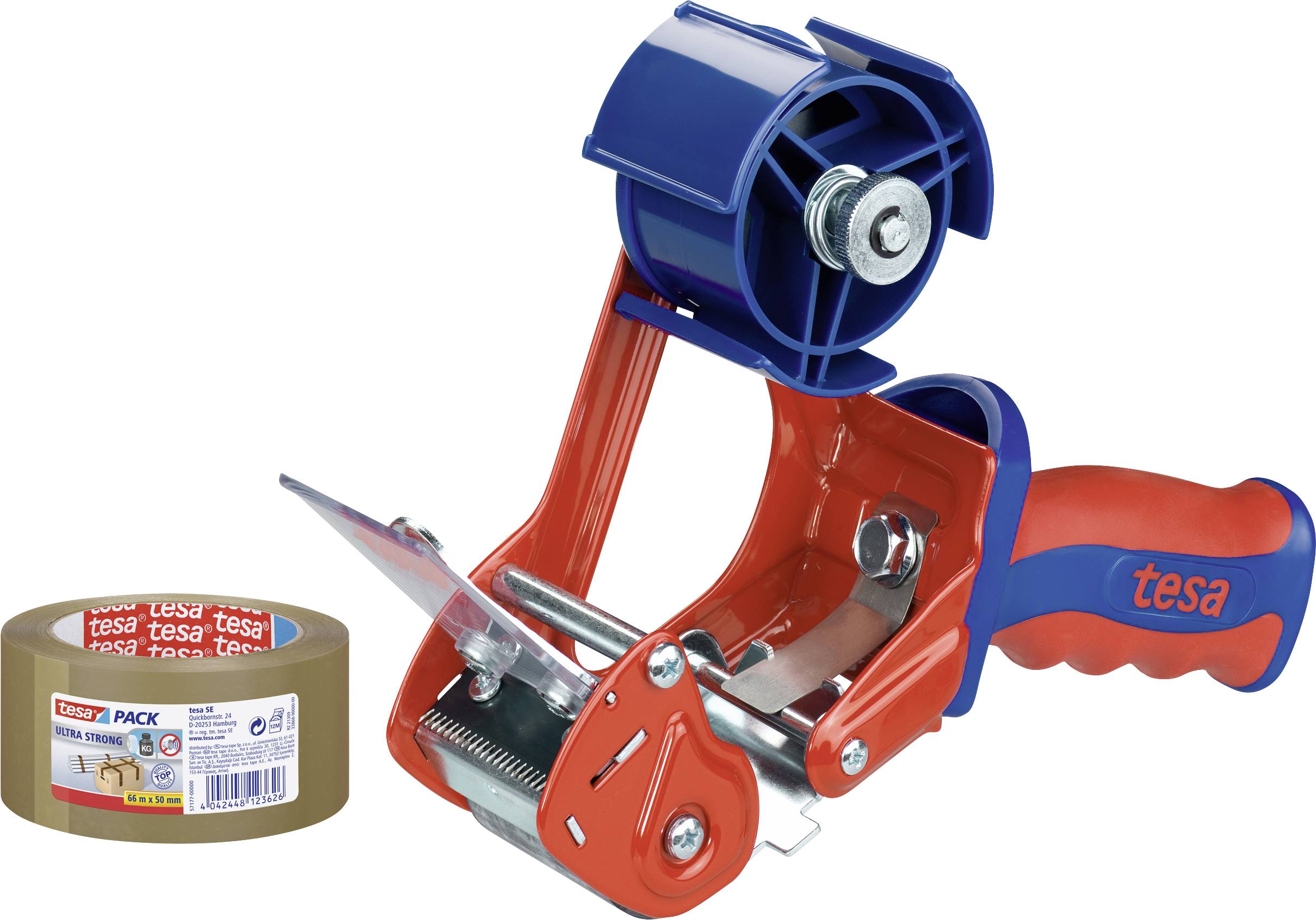 Un dévidoir de carton rouge avec module de ruban bleu et rouleau de rechange de ruban adhésif marron. Adapté pour sceller facilement les colis.