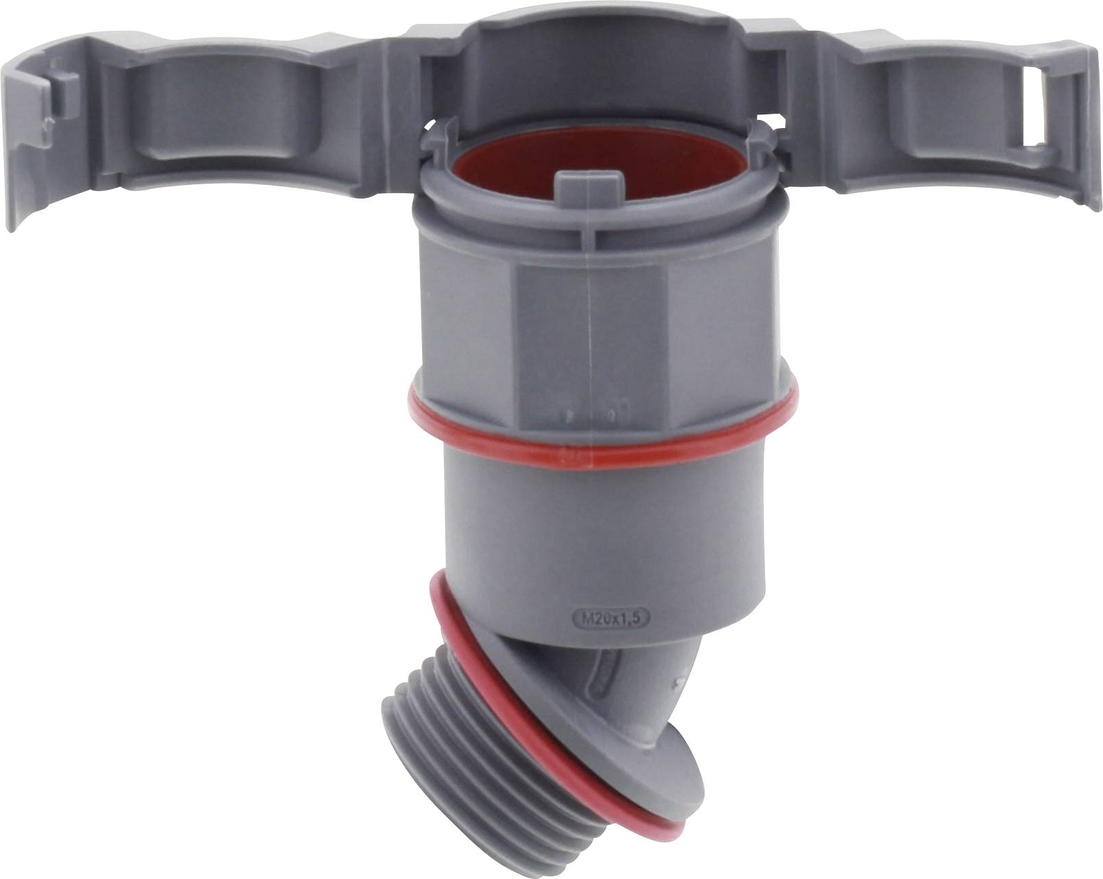 Tuyau d'évacuation gris avec joints d'étanchéité et colliers de fixation rouges, utilisé pour raccorder des canalisations dans les installations sanitaires.