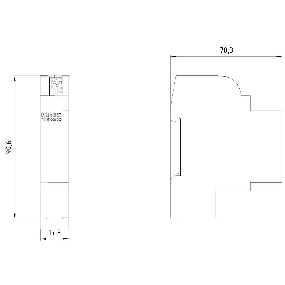 Appareil de commutation de Siemens, dimensions : hauteur 90,6 mm, largeur 17,8 mm, profondeur 70,3 mm, représenté en vue latérale et frontale.