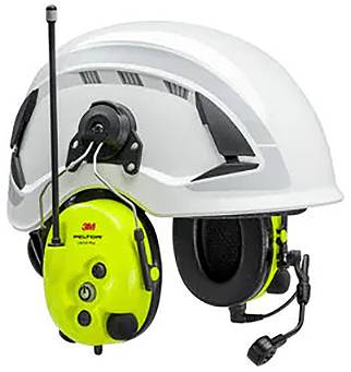 Casque de protection avec protection auditive intégrée et microphone, adapté aux environnements de travail bruyants.