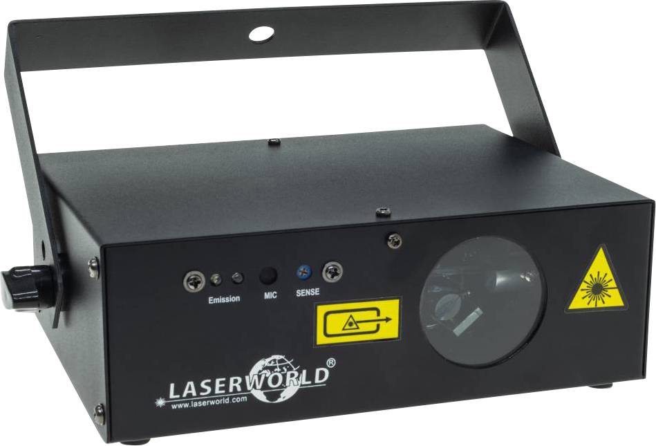 Appareil laser noir avec logo 'LASERWORLD', voyants de contrôle et symbole de sécurité. Support de montage en haut pour l'installation.