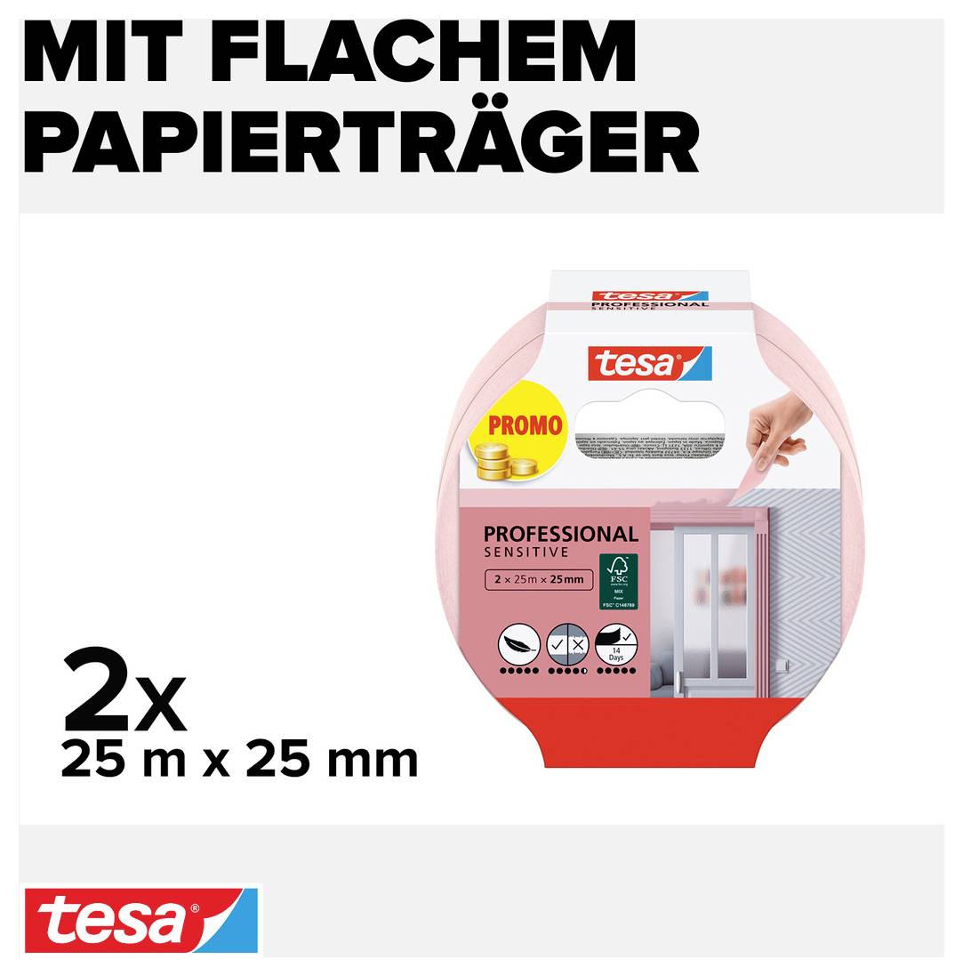 Ruban adhésif Tesa 'Professional Sensitive' en pack de 2, 25 m x 25 mm, avec support papier plat. Offre promotionnelle mise en valeur.