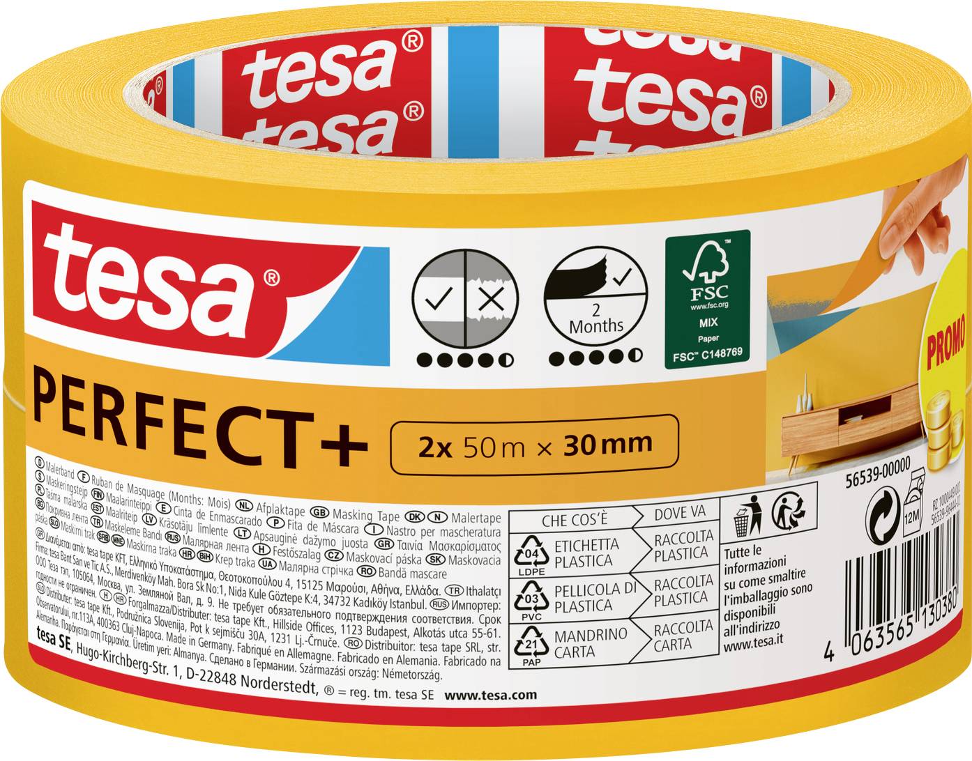 'Rouleau de ruban de peintre tesa Perfect+ 2x 50m x 30mm. Convient pour les travaux de peinture précis ; doté d'un emballage plastique de protection.'