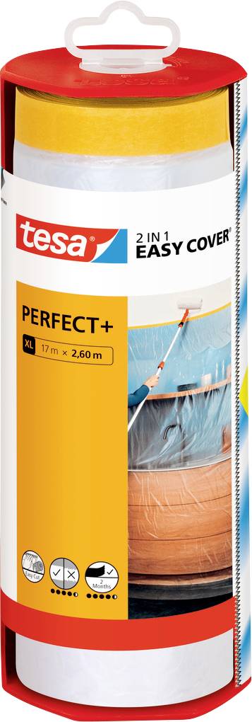 Tesa 2 en 1 Easy Cover Perfect+ XL<br>Rouleau de protection de peinture<br>Dimensions : 17 m x 2,6 m<br>Protection parfaite et facile à utiliser<br>Avec film adhésif intégré<br>Pour des résultats professionnels