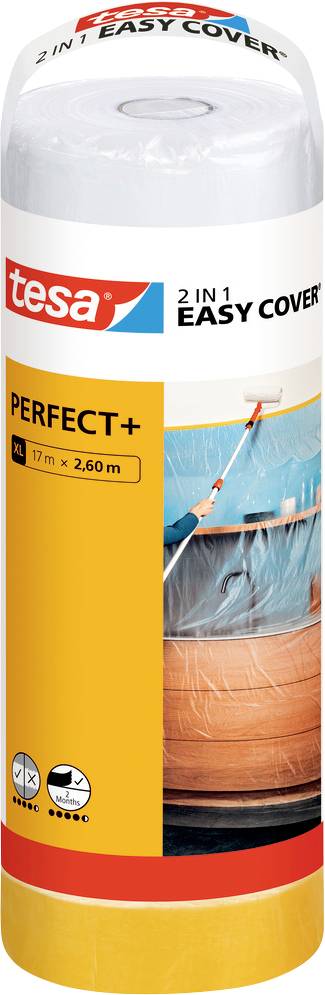Emballage de Tesa 2 en 1 Easy Cover Perfect+ XL, montrant son utilisation pour recouvrir des meubles pendant la peinture. Taille de 17 m x 2,6 m indiquée.
