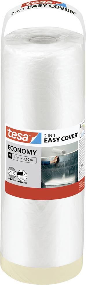 Rouleau de bâche en plastique Tesa '2 en 1 Easy Cover Economy', mesurant 17 m x 2,6 m, présenté dans son emballage avec une illustration de masque de protection.