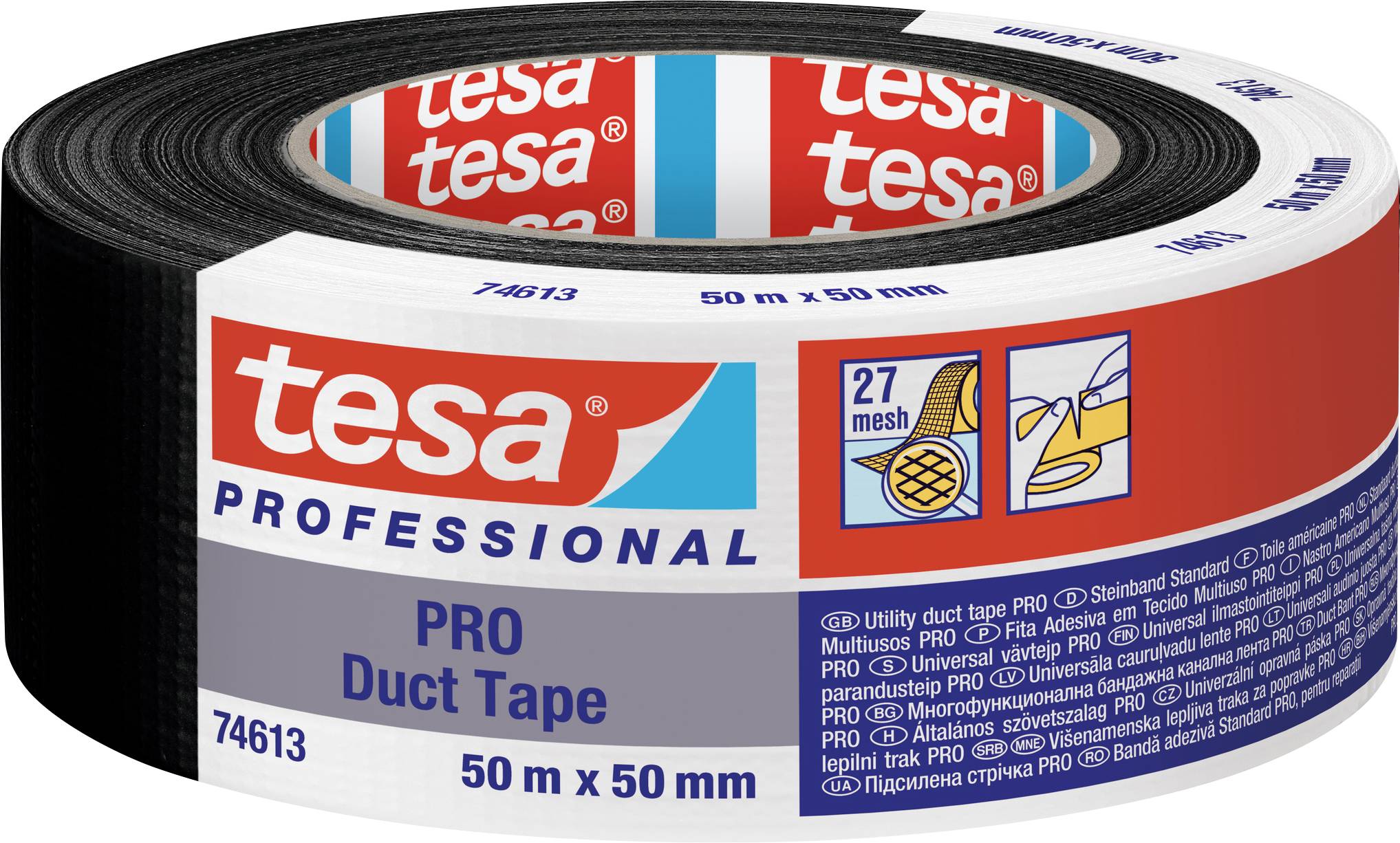 Rouleau de ruban adhésif 'tesa Professional PRO Duct Tape', 50 m x 50 mm, ruban noir avec étiquette ; polyvalent.