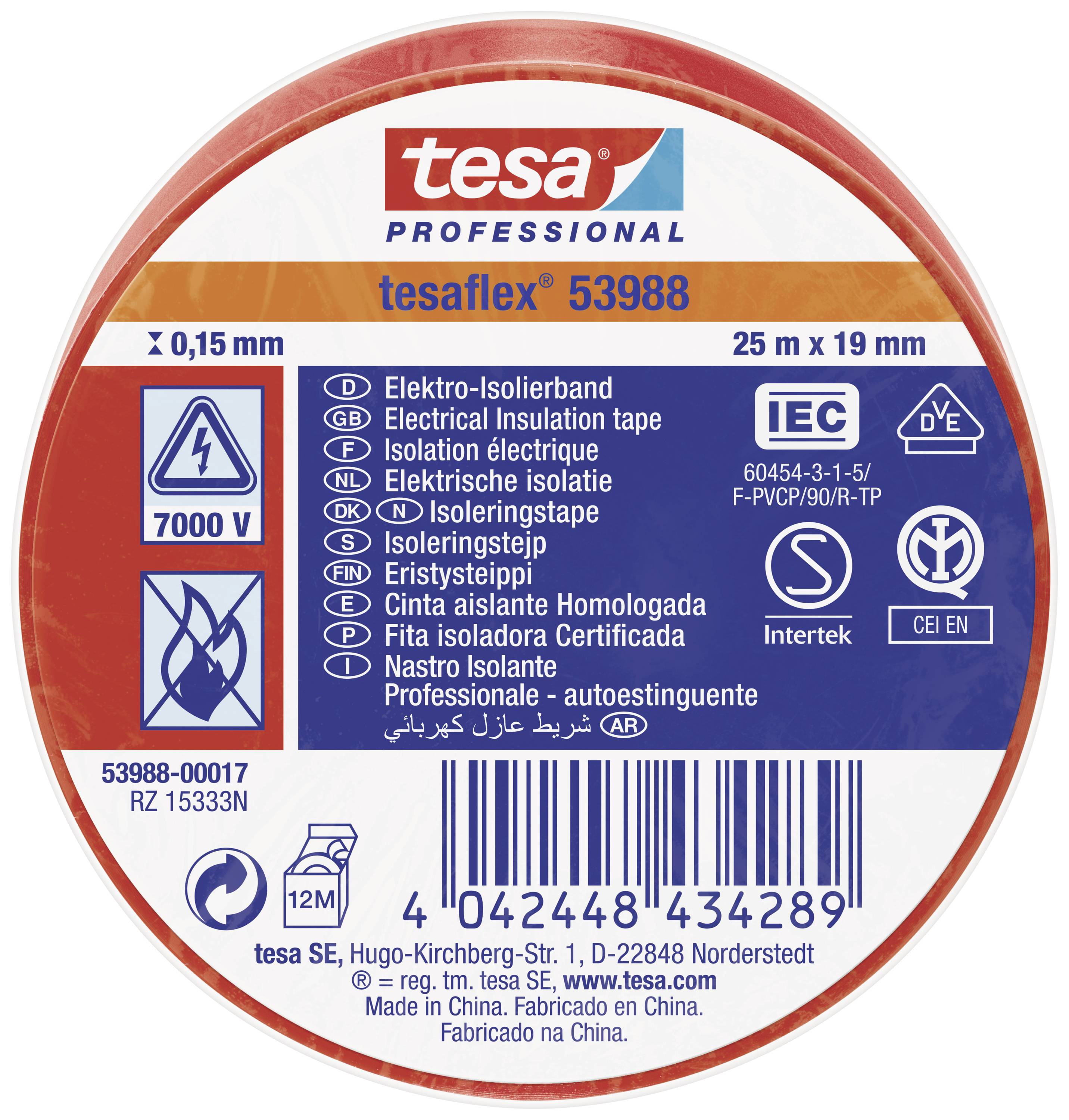 Ruban adhésif isolant électrique tesa Professional tesaflex 53988. 25 m x 19 mm. Symbole de tension : 7000 V. Symboles CE et EN en bas.