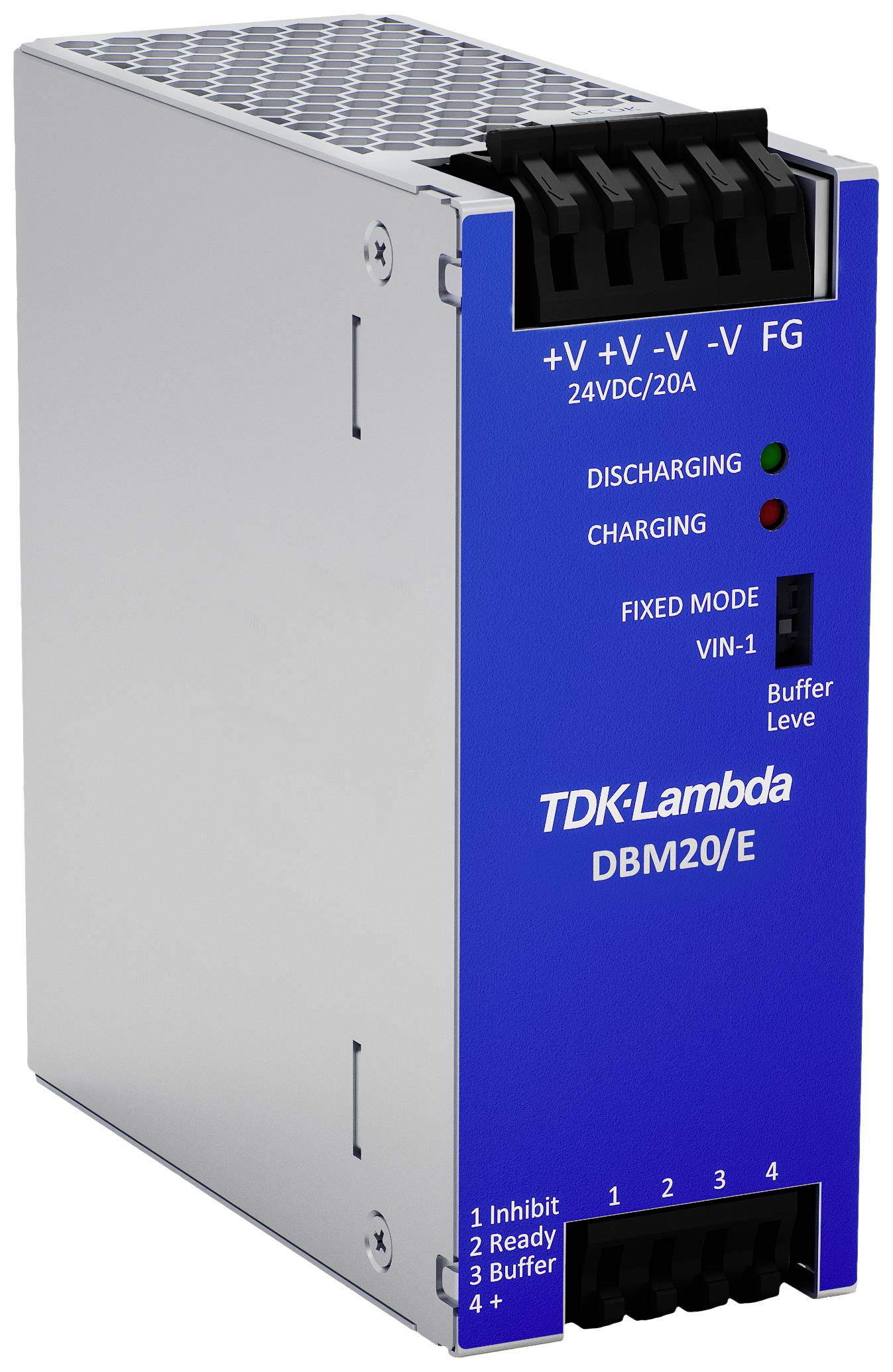 Un module TDK-Lambda DBM20/E bleu avec des indicateurs pour 'Décharge' et 'Charge', bornes de connexion en haut, diverses connexions en bas.
