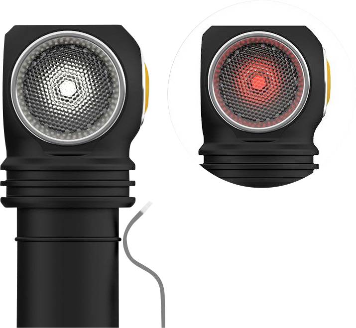 Deux vues de lampes de poche : à gauche avec lumière blanche, à droite émettant une lumière rouge. Les deux lampes ont un corps noir et un détail jaune.
