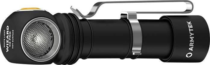 Une lampe torche noire portant les inscriptions 'ARMYTEK' et 'WIZARD'. Elle possède une tête coudée et un clip métallique pour la fixation.
