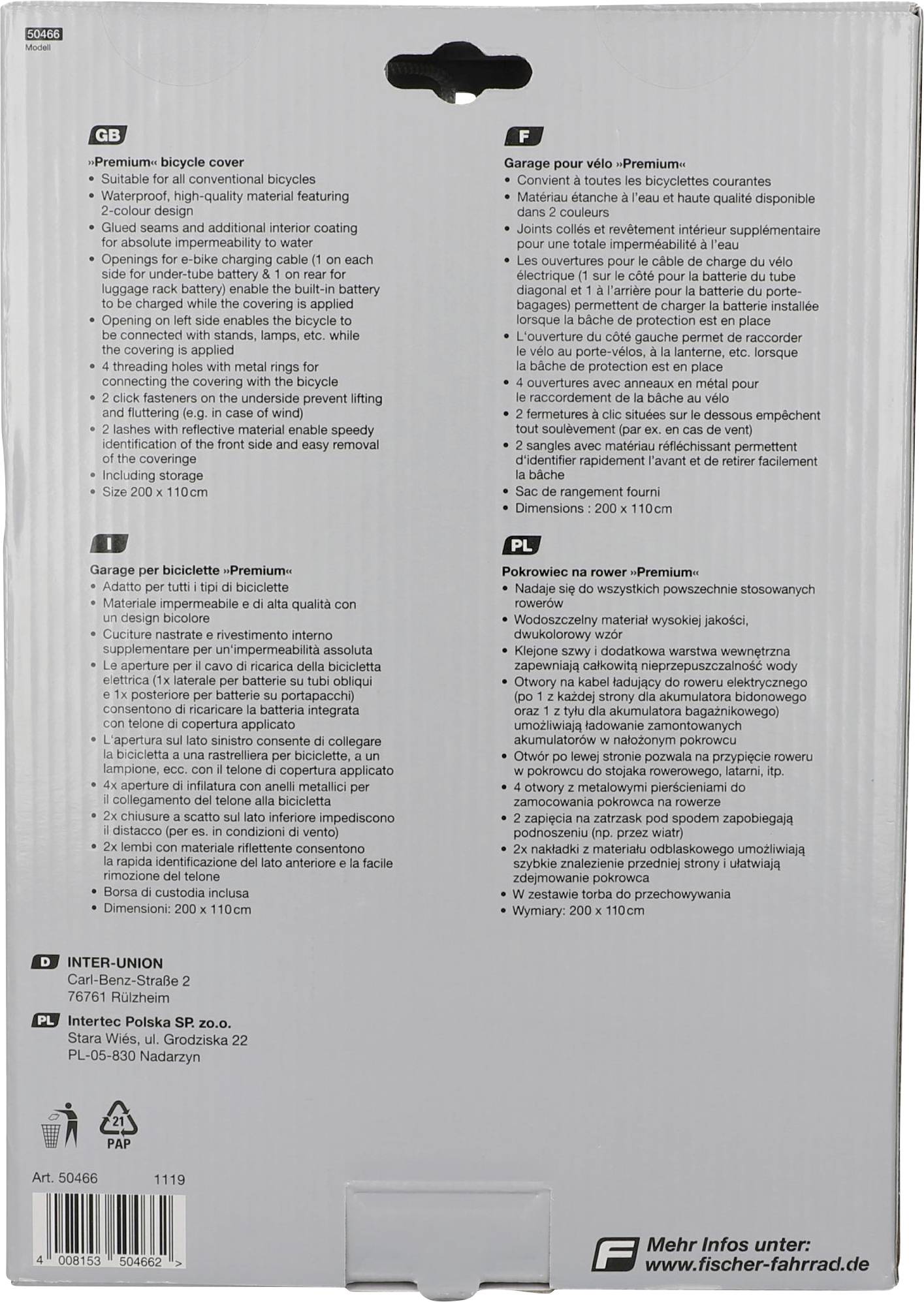 FISCHER FAHRRAD Bâche pour vélo