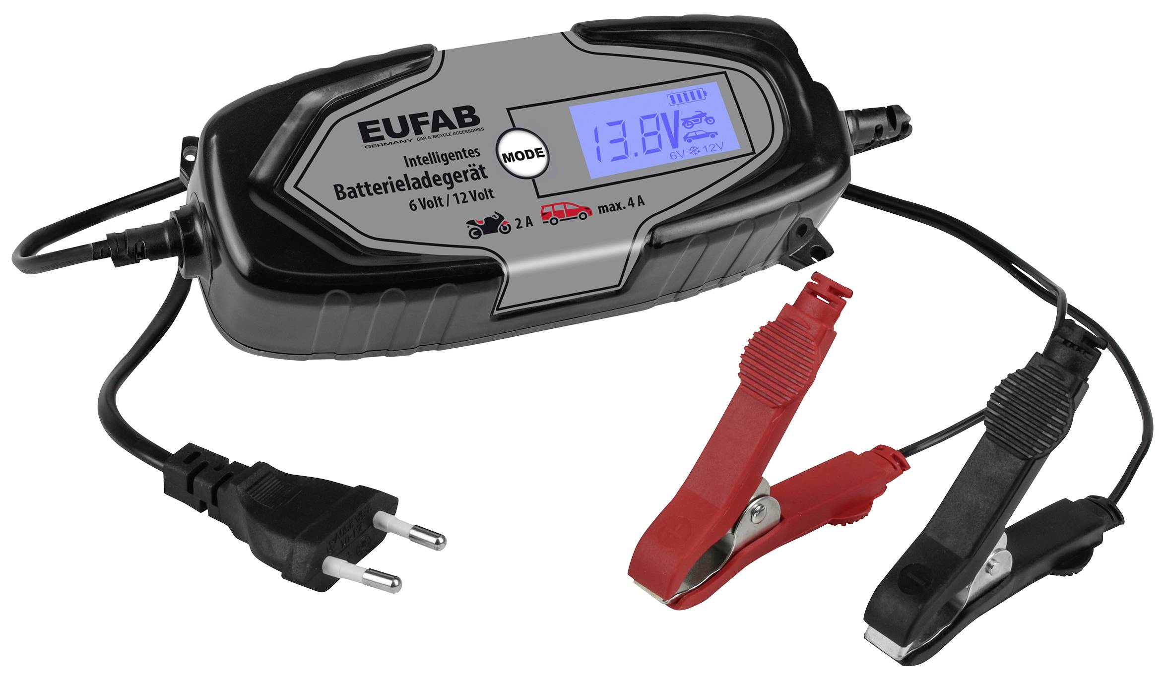 Chargeur de batterie intelligent avec écran affichant '13,8V'. Deux bornes, rouge et noire, pour se connecter aux pôles de la batterie.