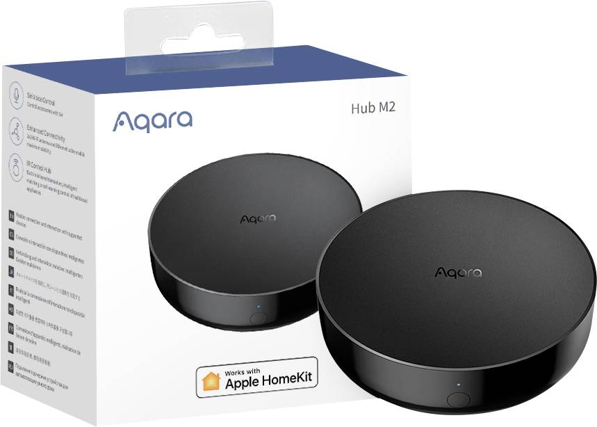 Hub Aqara M2 dans son emballage, un hub domotique intelligent noir et rond. Compatible avec Apple HomeKit.