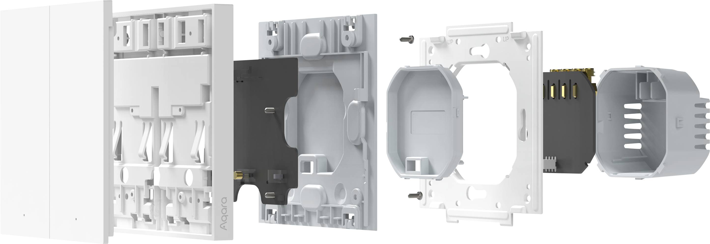 Vue éclatée d'un interrupteur électrique comprenant plusieurs composants, notamment la façade, le support et les connexions électriques.