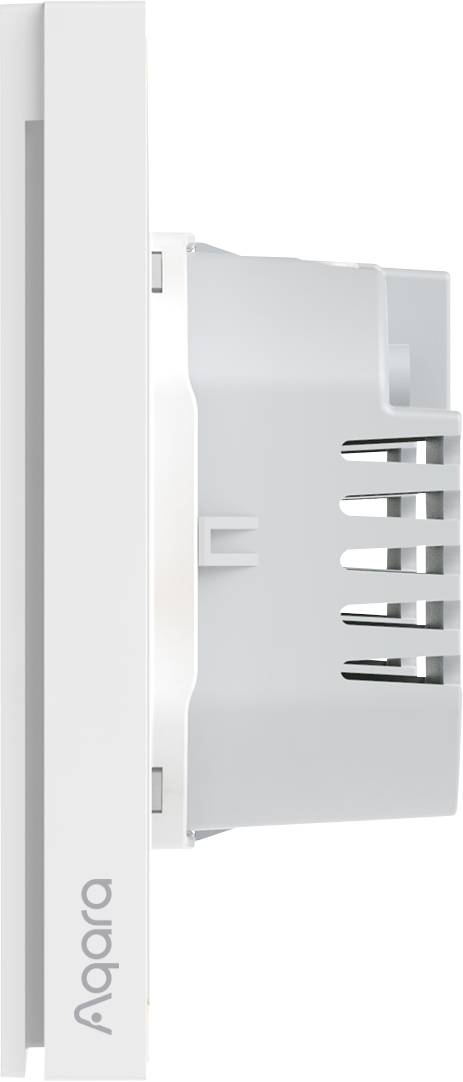 Vue latérale d'un appareil Aqara blanc, probablement un interrupteur domotique, avec le logo du produit et des fentes d'aération sur le côté.