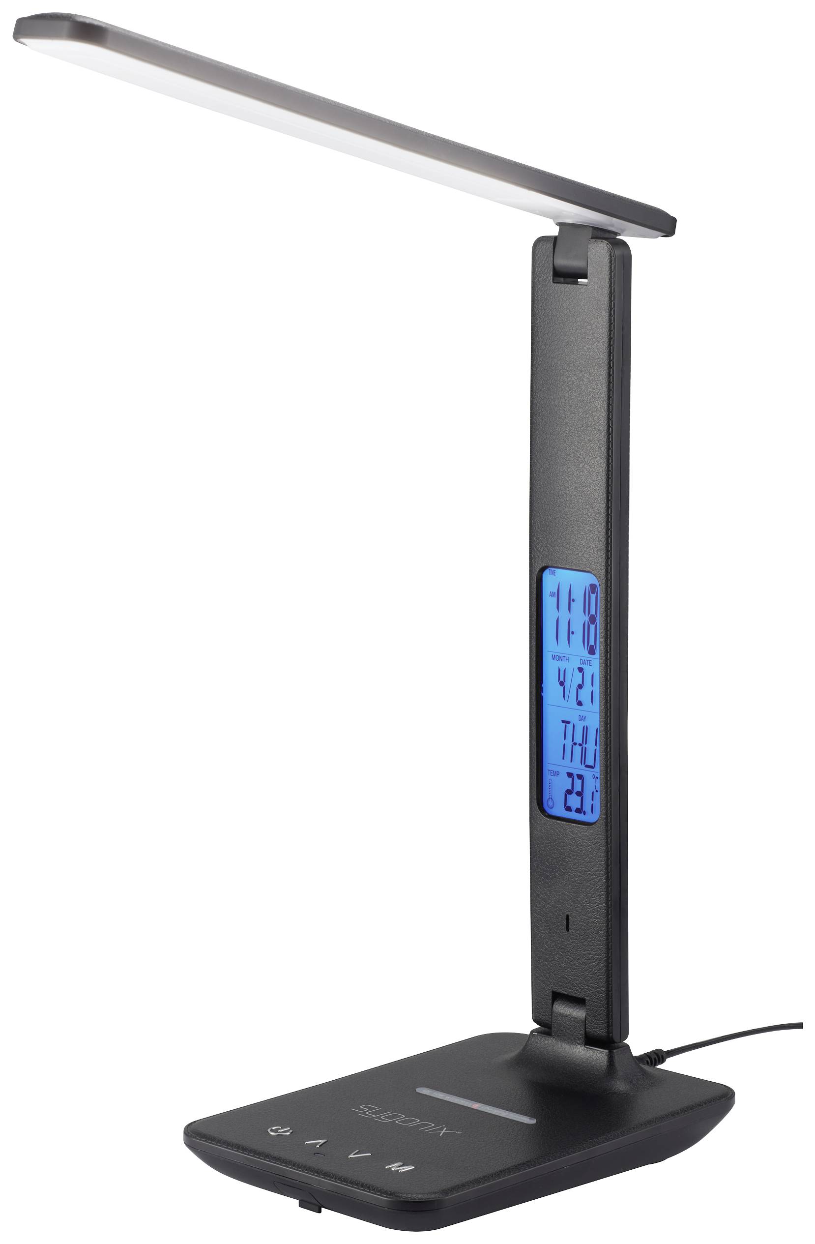 Lampe de table noire avec affichage numérique bleu indiquant l'heure, la date et la température. Bras réglable avec éclairage LED.