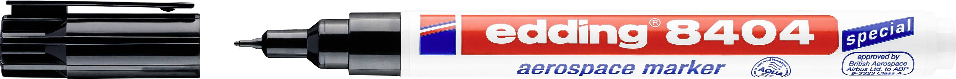 Stylo noir portant l'inscription « edding 8404 aerospace marker ». Spécialement adapté aux applications aérospatiales.