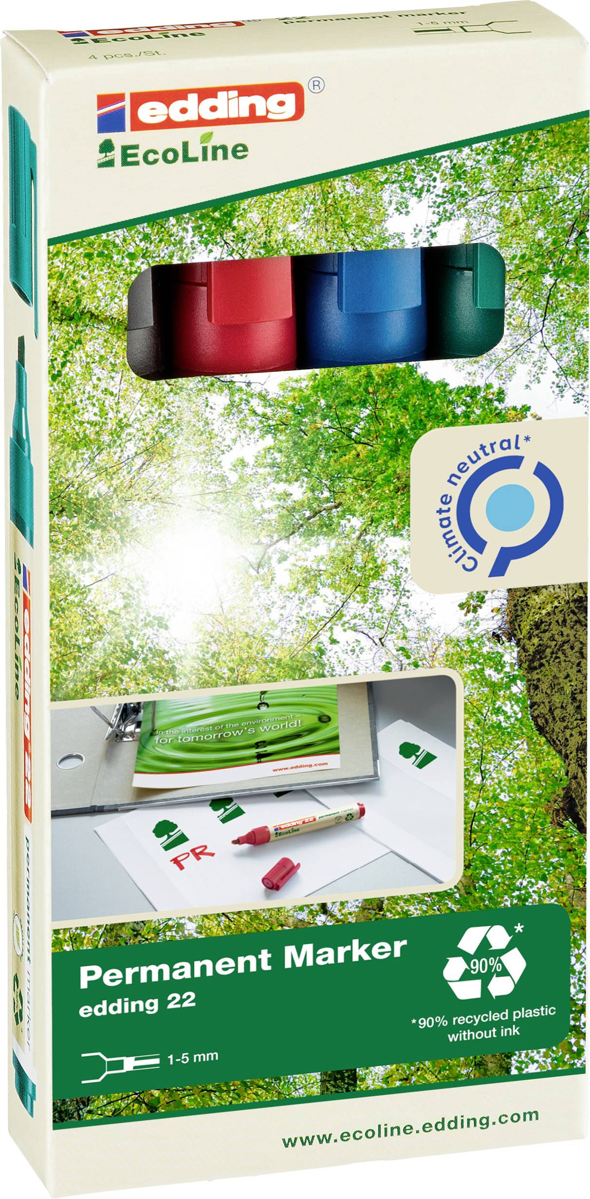 Emballage de marqueurs permanents edding EcoLine. Trois marqueurs en Rouge, Bleu, Vert. 90% de plastique recyclé, neutre en carbone.