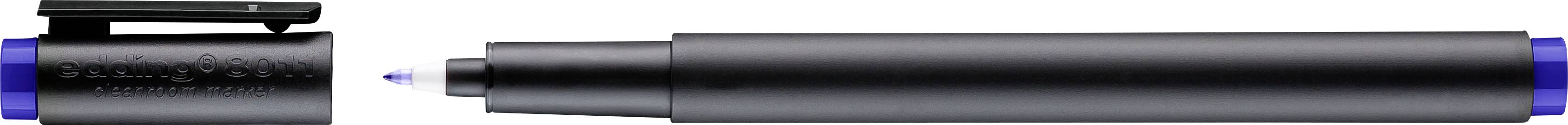 Un stylo-feutre noir dont le capuchon a été retiré et posé à côté. La pointe du stylo est bleue.