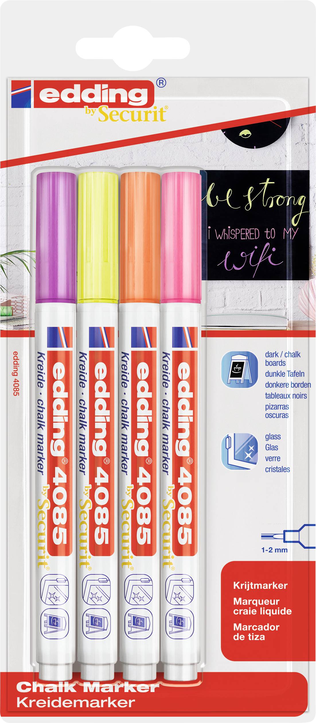 Quatre marqueurs à craie dans les couleurs Violet, Orange, Jaune, Rose. Emballage de 'edding 4085'. Idéal pour les tableaux et les surfaces lisses.