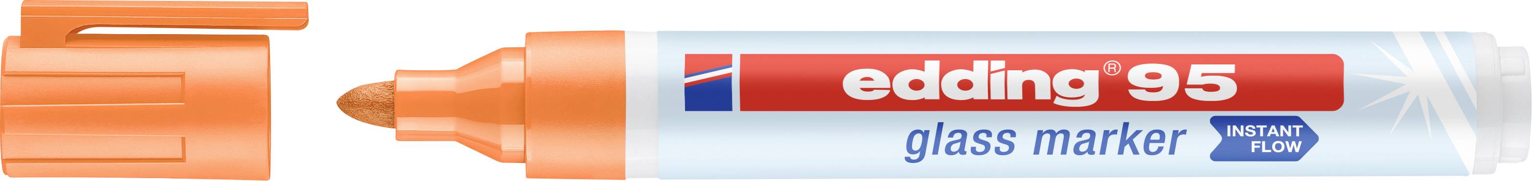 Un marqueur pour verre 'edding 95 glass marker' orange avec son capuchon rabattu ; destiné à écrire sur le verre, portant l'inscription 'instant glow'.