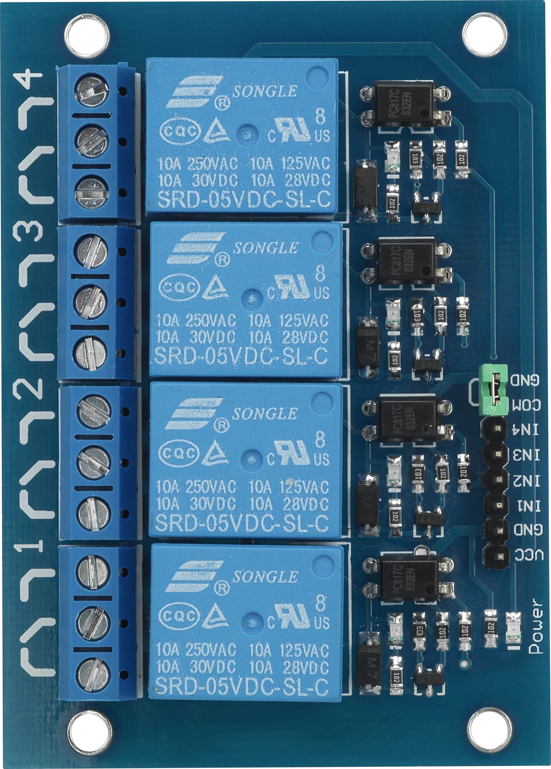 Un module de relais bleu à quatre relais pour circuits électroniques, numéroté de 1 à 4, avec des connexions et des étiquettes pour les entrées.