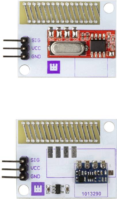 Deux modules électroniques avec des étiquettes 'SIG', 'VCC', 'GND'. Le module supérieur comporte un quartz et un circuit intégré, le module inférieur une petite composante bleue.