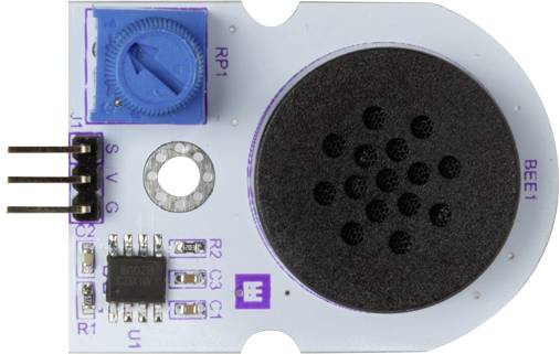 Un module électronique avec un bouton rotatif bleu, un microphone et des points de soudure, probablement destiné à la mesure acoustique ou sonore.