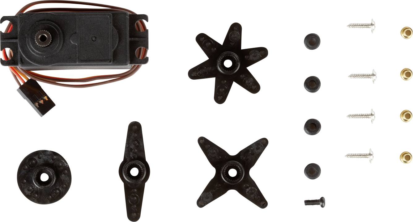 Un kit de servomoteur comprenant un moteur, différents embouts de bras et des accessoires tels que des vis et des rondelles, sur un fond blanc.