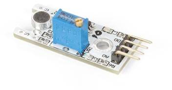 Un composant électrique avec microphone, potentiomètre bleu et plusieurs connexions métalliques pour une utilisation dans des circuits électroniques.