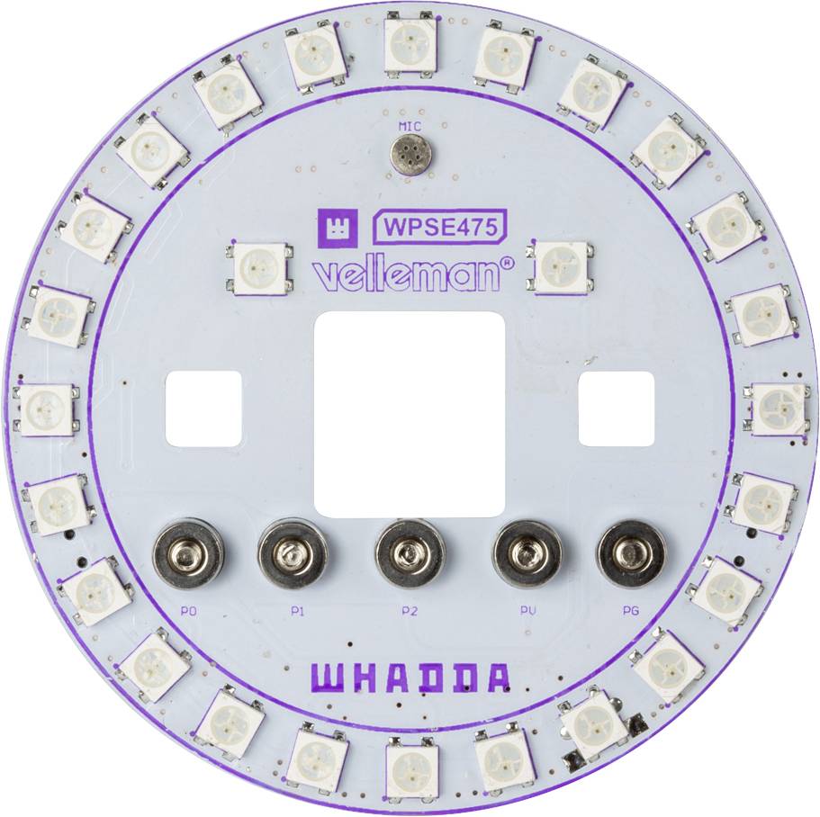 Circuit électronique avec microphone et 24 LEDs disposées en cercle, six boutons-poussoirs au centre, nom de marque 'velleman' en haut.
