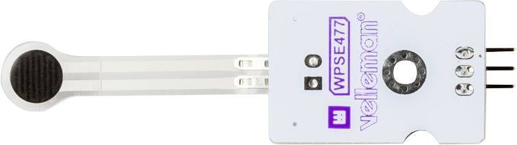 Module de capteur de pression WPSE477 de Velleman avec trois broches et bras de capteur flexible. Utilisé pour des mesures de pression précises.