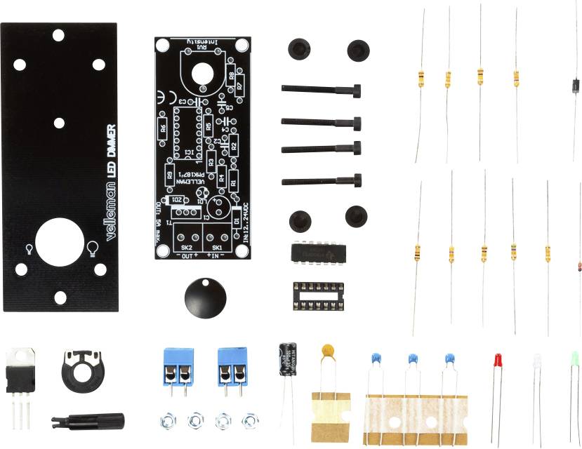 Kit électronique DIY avec circuit imprimé, résistances, LED, condensateurs et divers composants pour le montage d'un variateur de luminosité LED.