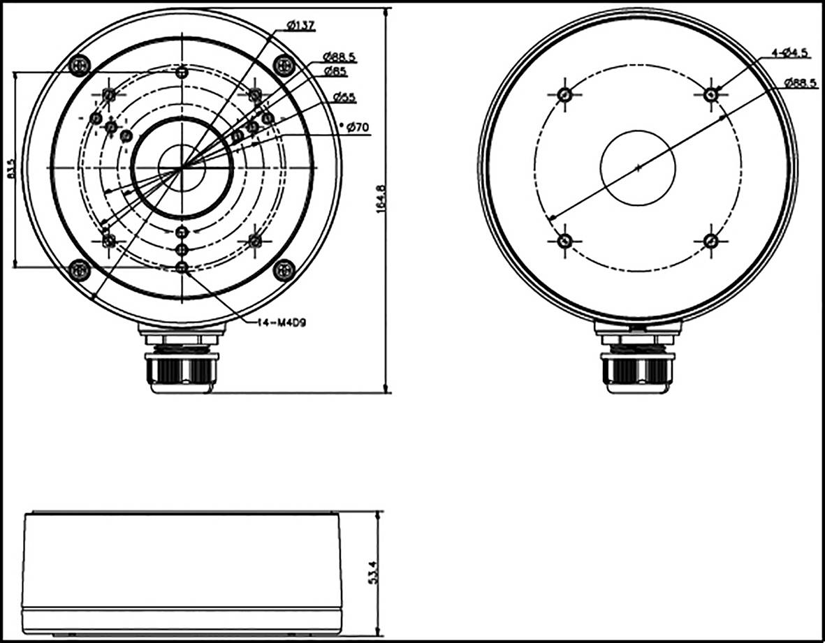 Dessin technique d'un support circulaire avec dimensions. Les vues de dessus et de côté montrent les points de fixation et le diamètre.