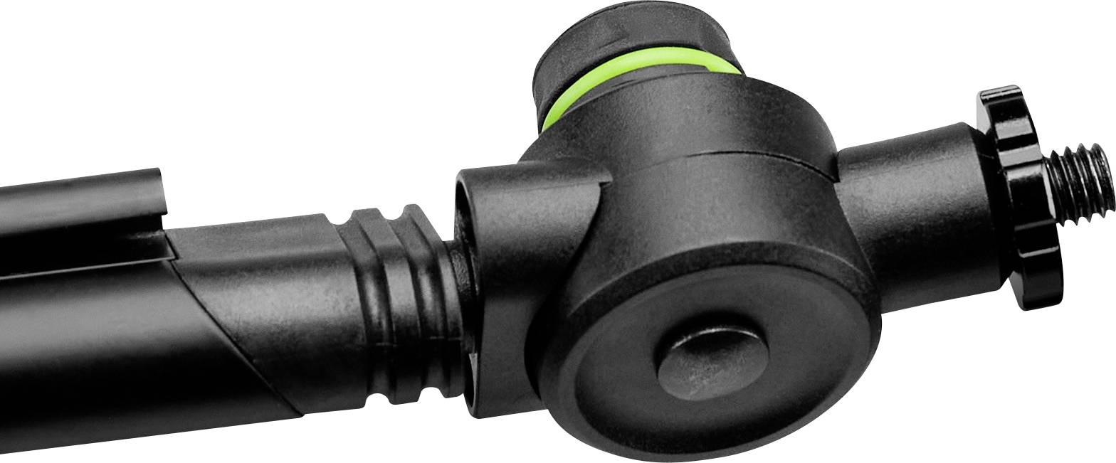 Gros plan d'une rotule de trépied noir avec un marquage vert.