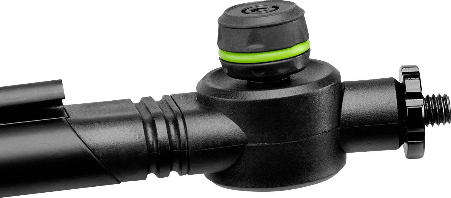Valve de pompe à air pour vélo noir avec un accent vert et un filetage de connexion, gros plan.