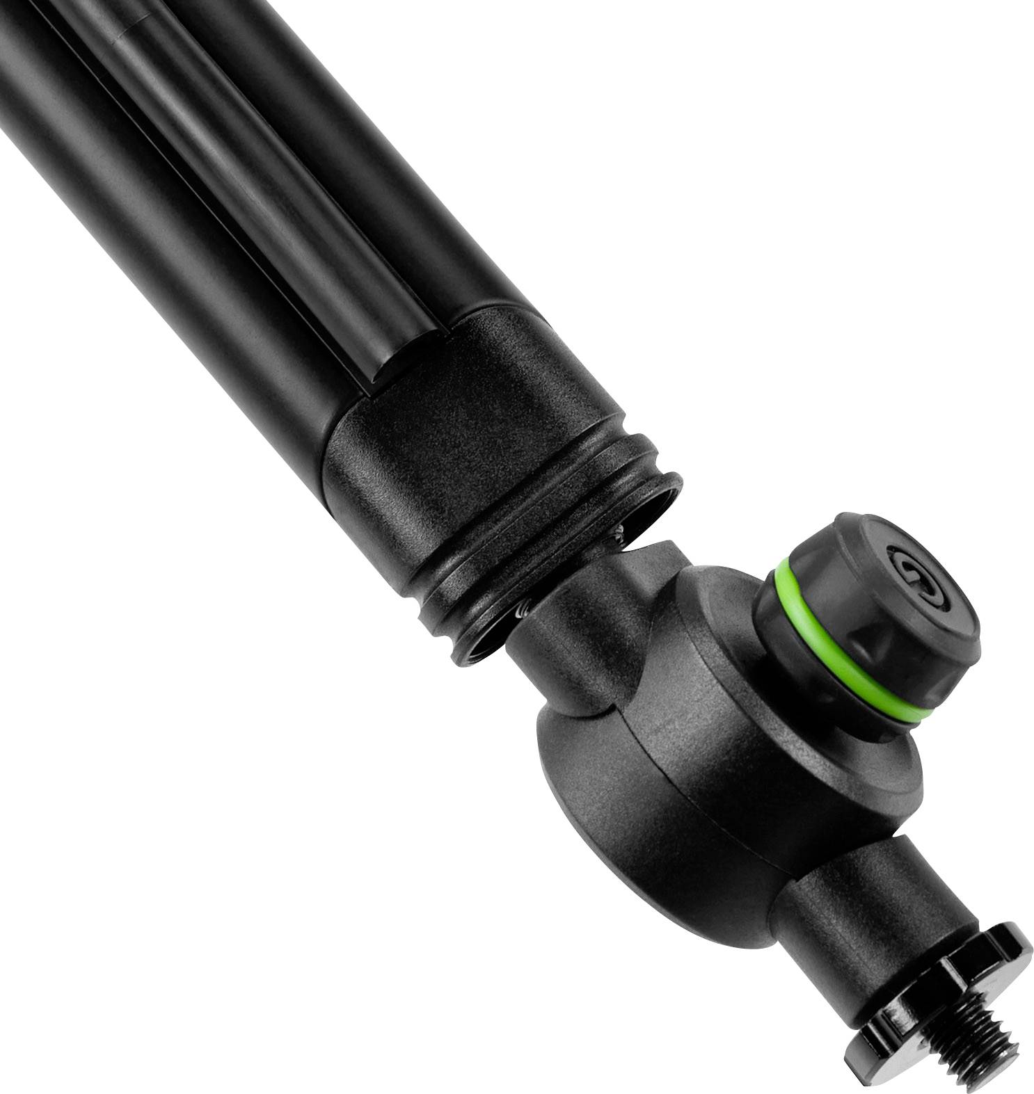 Pied de support avec charnière réglable, adapté pour l'équipement photographique ou d'éclairage. Design noir avec un accent vert.