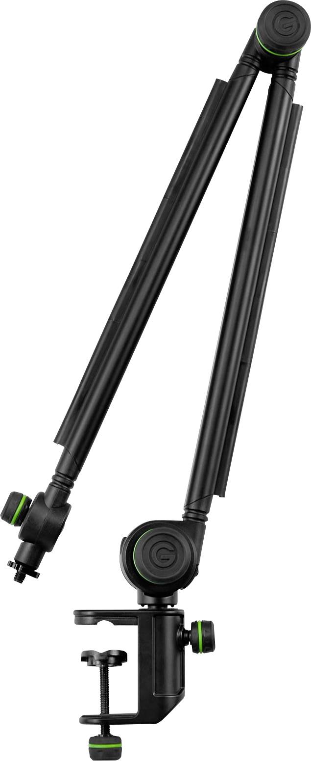 Bras de microphone en métal noir avec articulations et pince de fixation pour tables, idéal pour podcasts ou enregistrements.