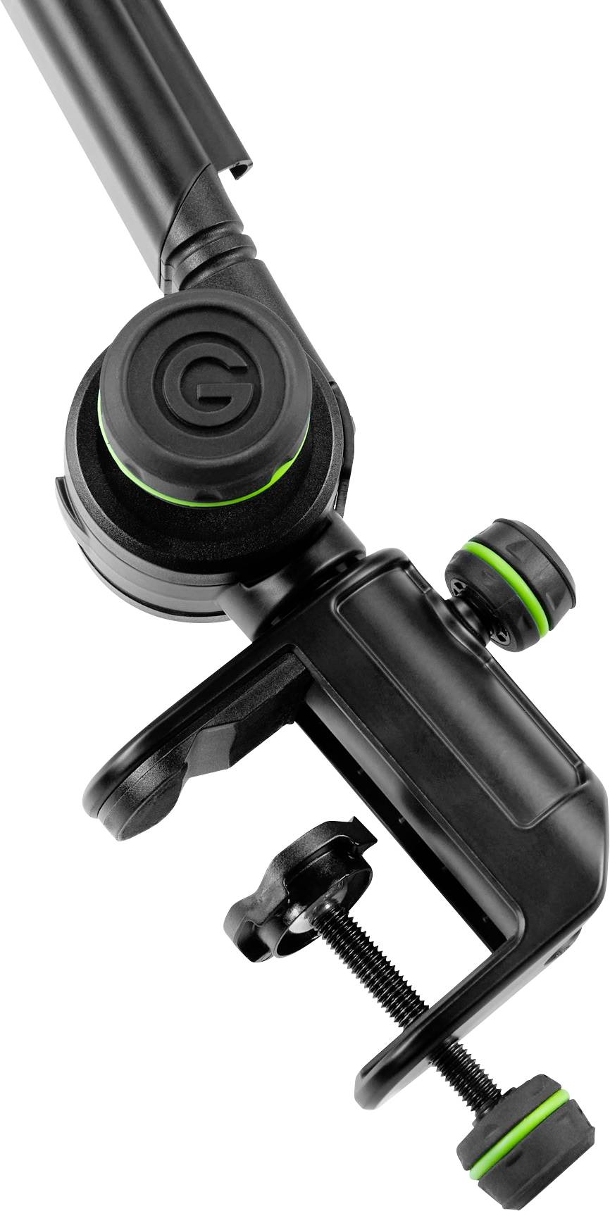 Tige télescopique noire avec un accent vert sur un clip de fixation réglable, montable sur différentes surfaces.