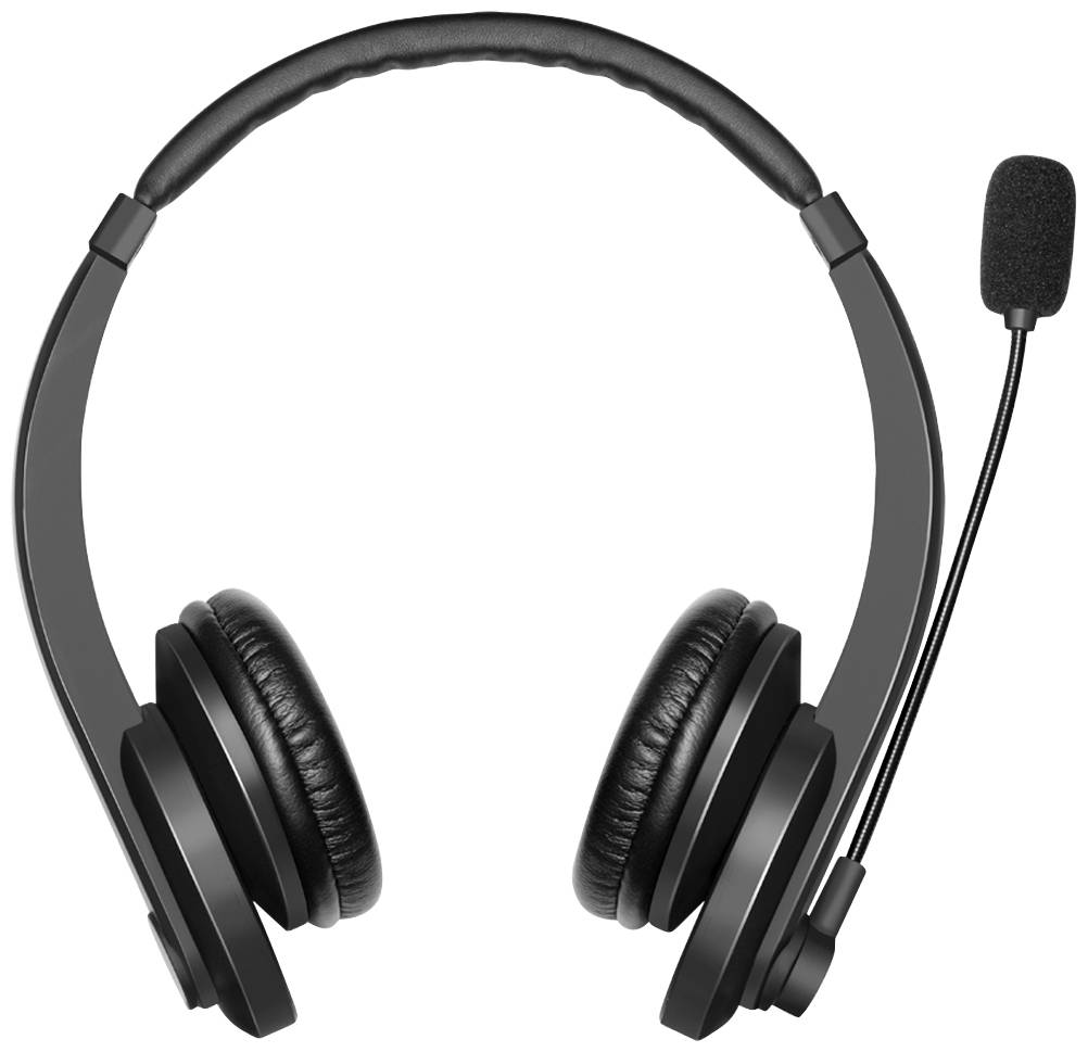 Casque noir avec microphone, adapté pour les appels téléphoniques ou les réunions en ligne, sur fond blanc.