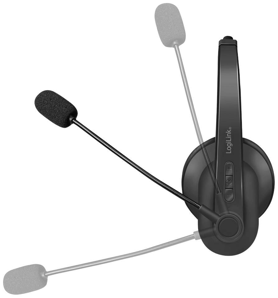 Casque noir avec microphone flexible, présenté dans différentes positions, nom de marque 'LogiLink' sur le côté.