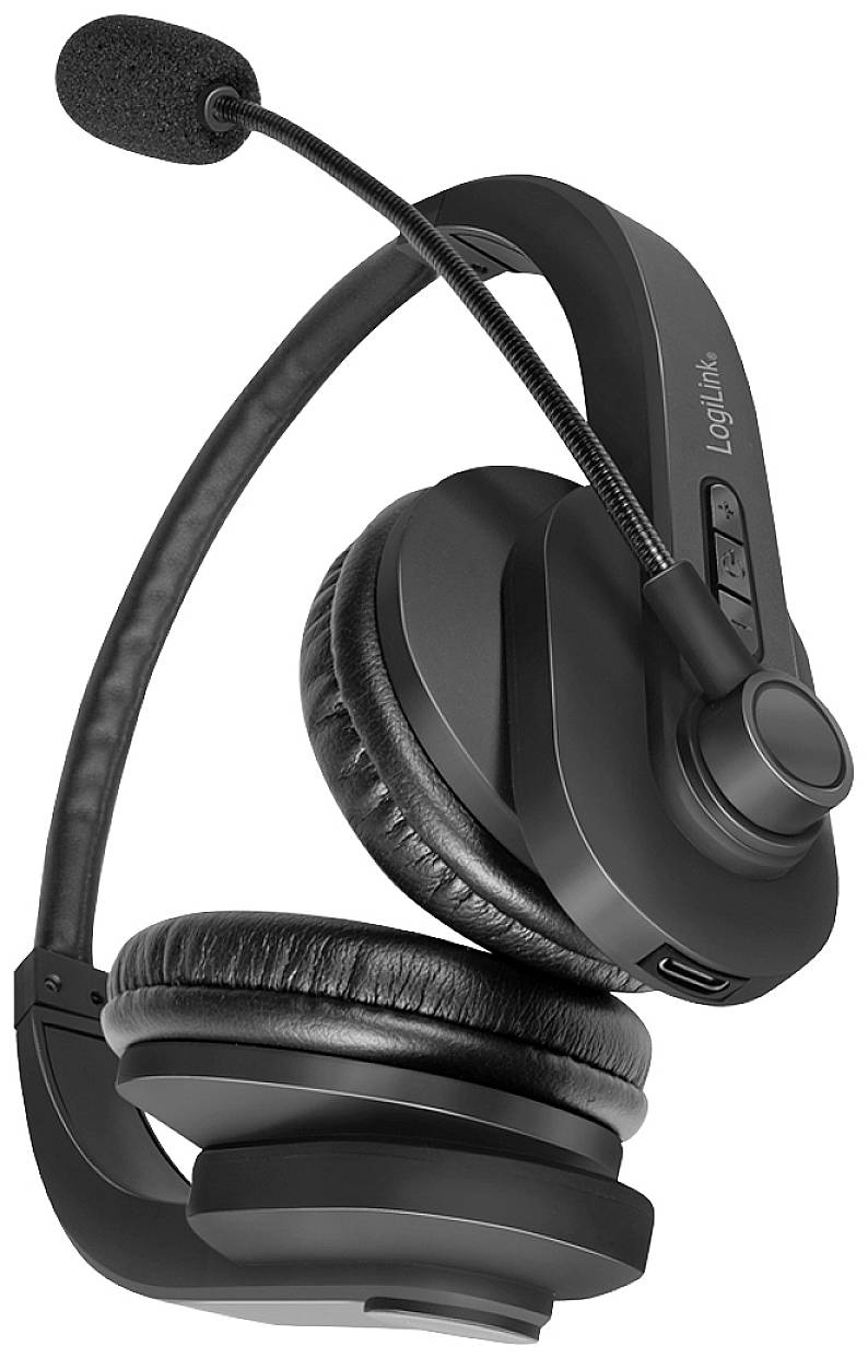 Un casque sans fil noir avec microphone, écouteurs et commandes sur le côté. Adapté pour les appels téléphoniques ou le gaming.