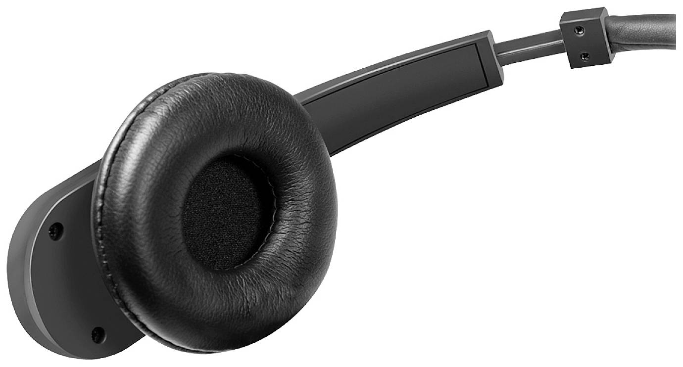Casque téléphonique avec coussinets d'oreille noirs et arceau réglable. Idéal pour une communication claire et un port confortable sur de longues périodes.