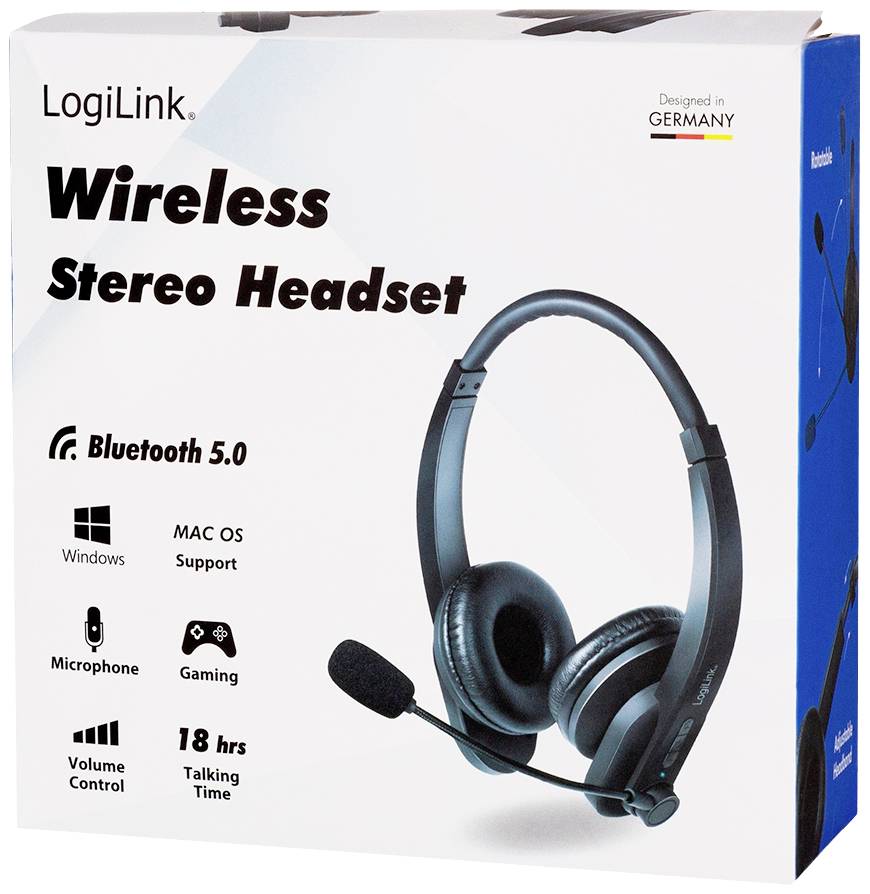 Casque stéréo sans fil 'LogiLink' en design noir, compatible Bluetooth 5.0, autonomie de 18 heures en communication, compatible avec Windows et Mac OS.