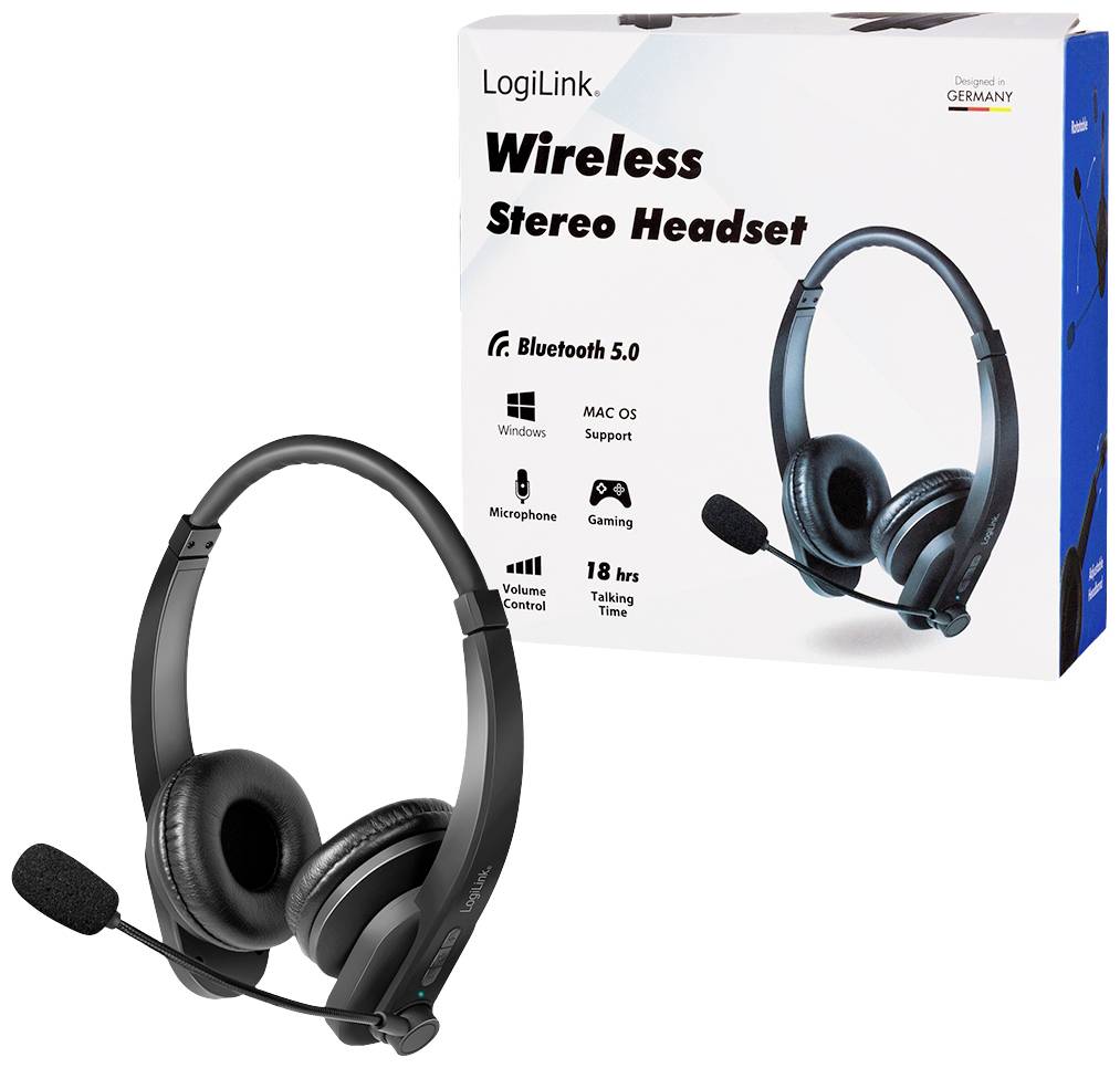 Casque stéréo sans fil de LogiLink. Comprend Bluetooth 5.0, microphone, compatible Windows/Mac, idéal pour le gaming, autonomie de 18 heures en communication. L'emballage présente une image du casque.