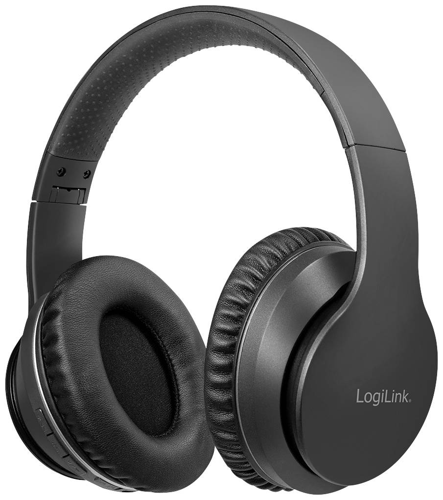 Casque audio noir sans fil, de type over-ear, avec coussinets d'oreilles rembourrés et arceau réglable, de la marque 'LogiLink'. Idéal pour écouter de la musique.