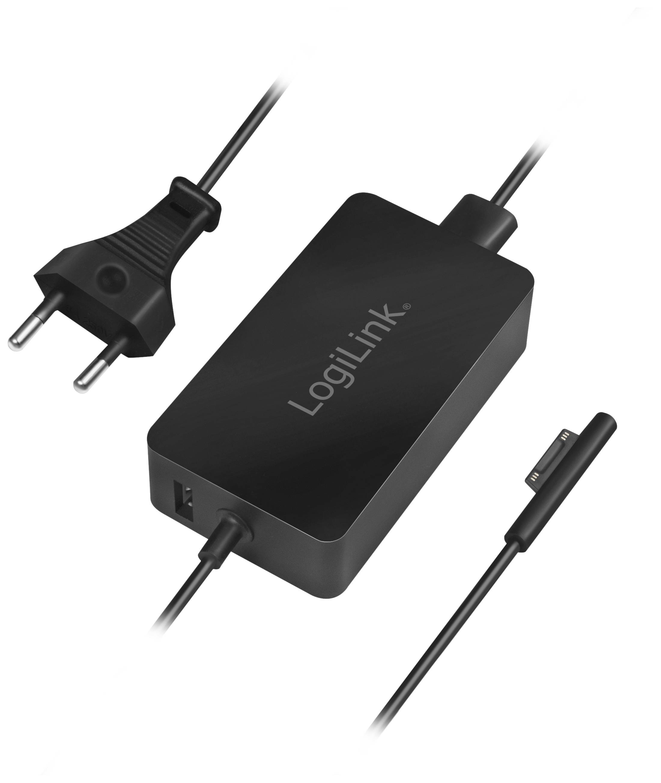 Chargeur noir LogiLink avec câble secteur amovible et fiche de sortie rectangulaire.