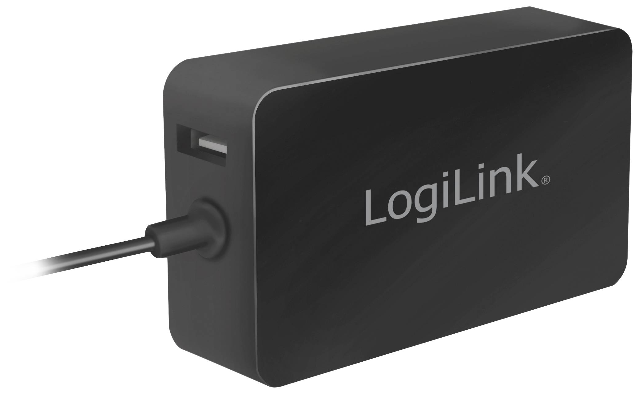 Adaptateur de charge LogiLink rectangulaire noir, avec un câble de connexion à gauche et un port USB à droite.