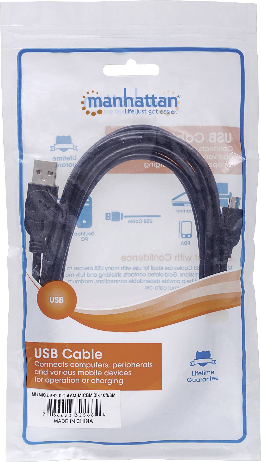 Manhattan Câble USB USB 2.0 USB-Micro-B mâle, USB-A mâle 3.00 m noir 325684